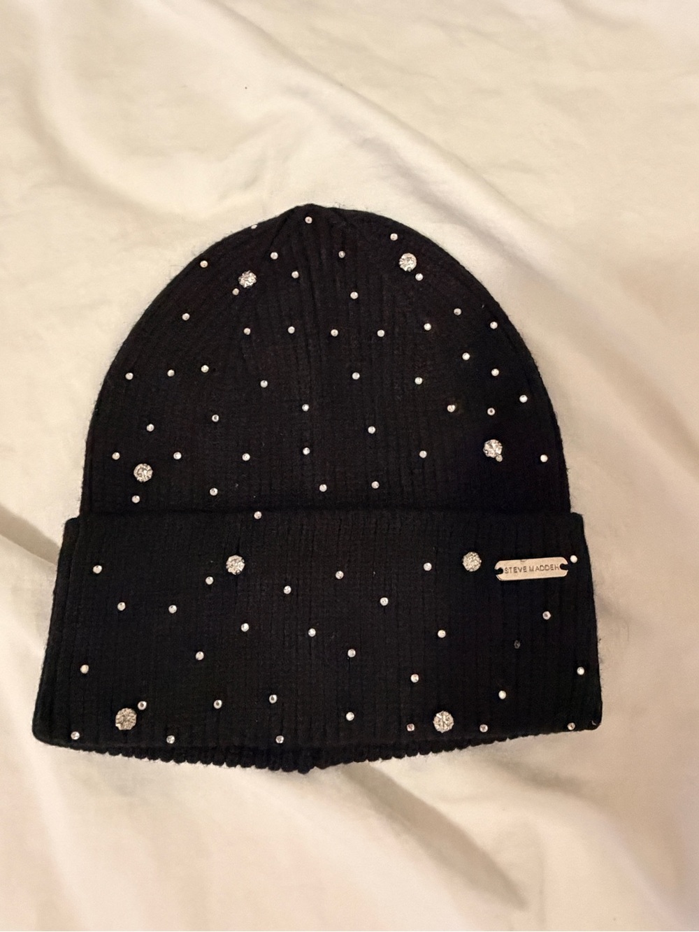 Steve Madden Black Knit Beanie with Rhinestone Accents